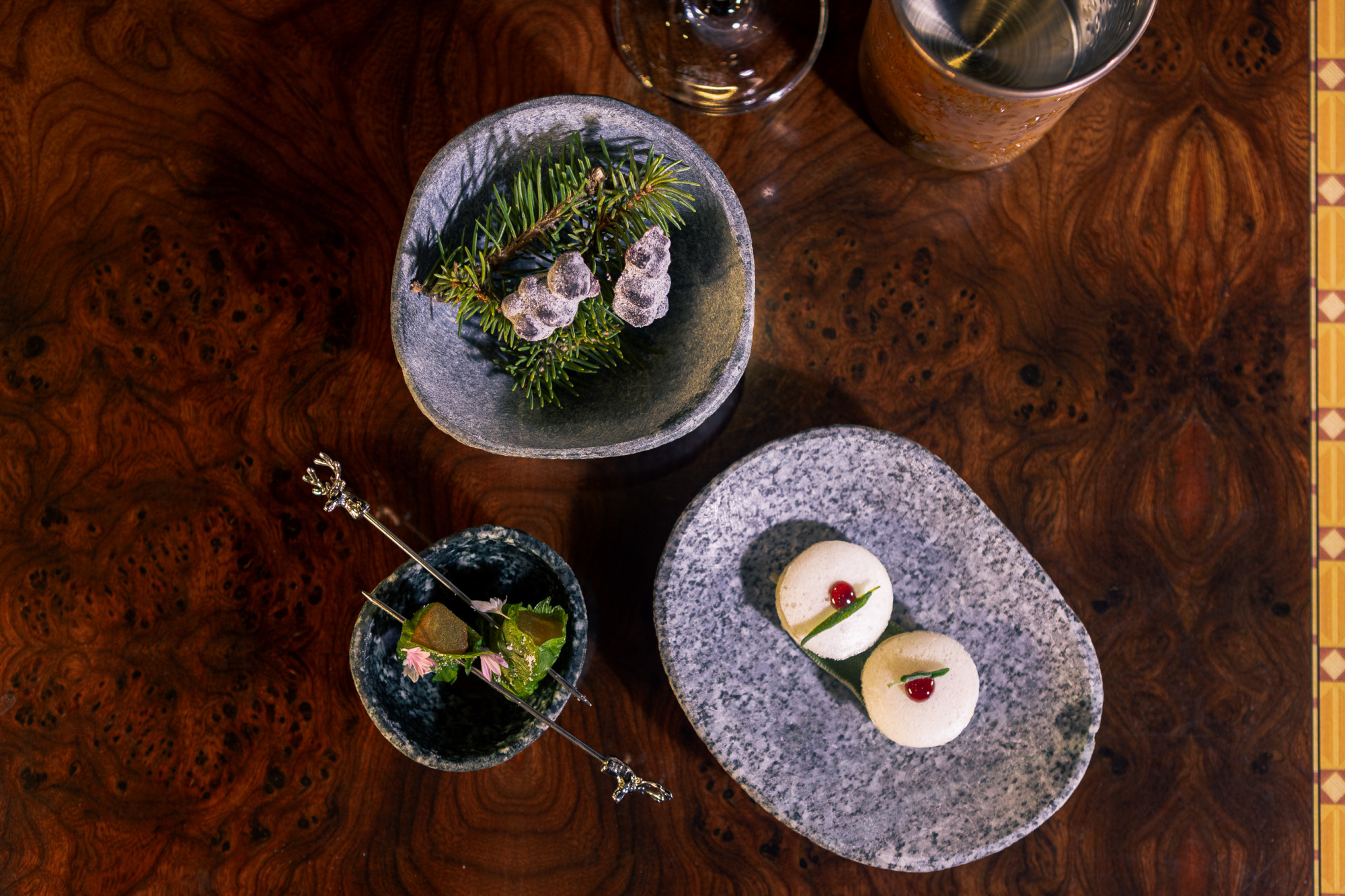 aerial view of small delicate bites on a wooden table
