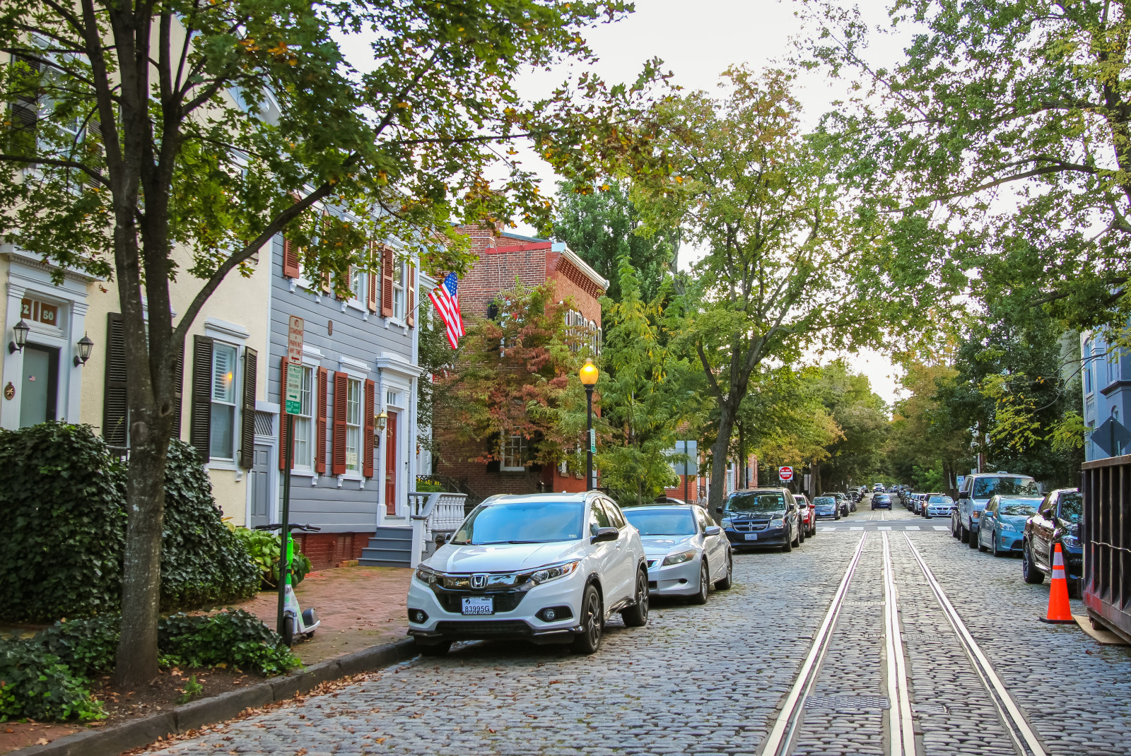 tree lined cobblestone street with parked cars