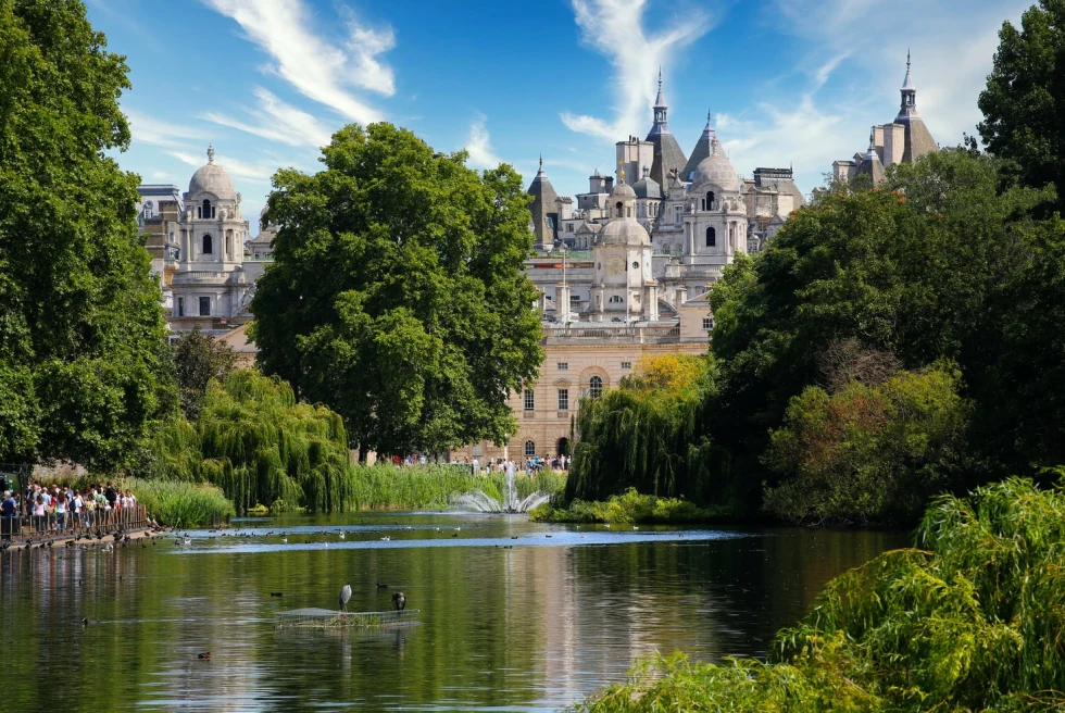 View of Hyde Park with pond in front and trees