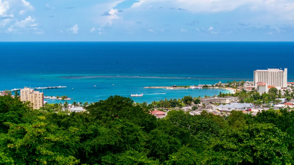 Green trees along the coast in Jamaica with hotels and blue ocean in the background