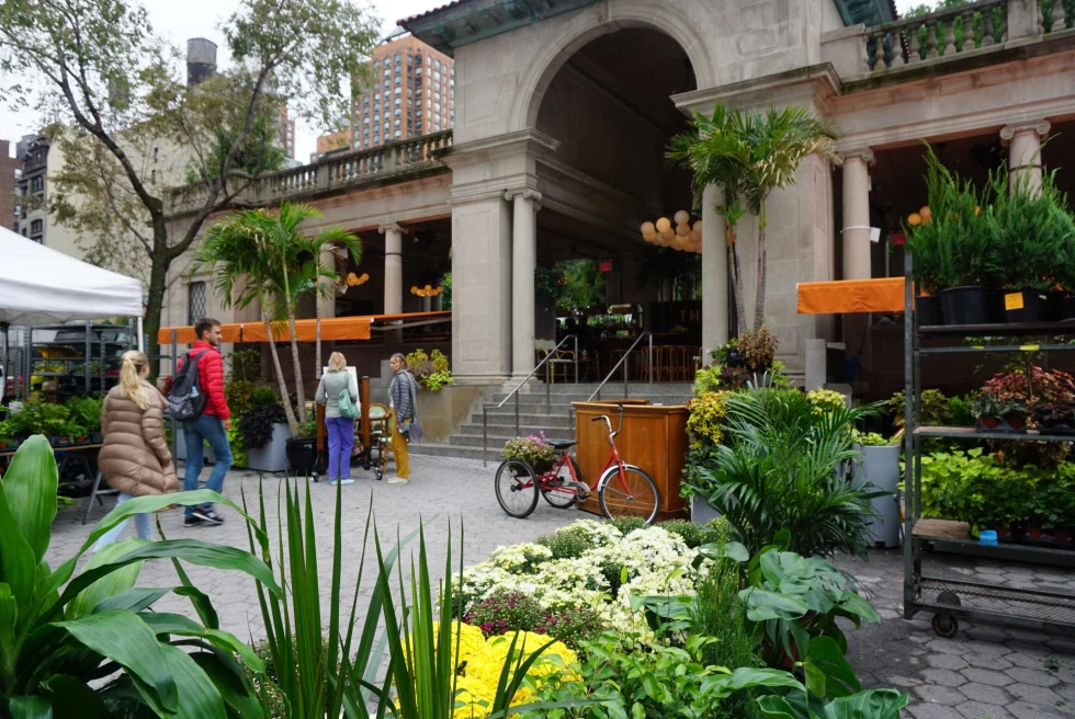 flowers and plants outside a building in a square