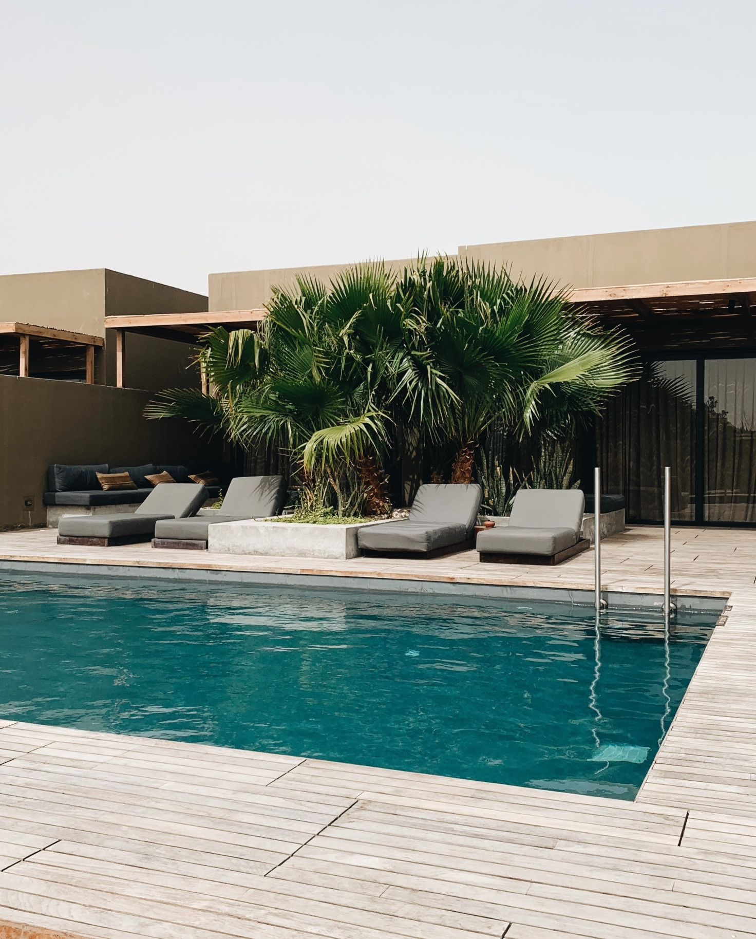 Pool and deck with lounge chairs and tall plants on cloudy day