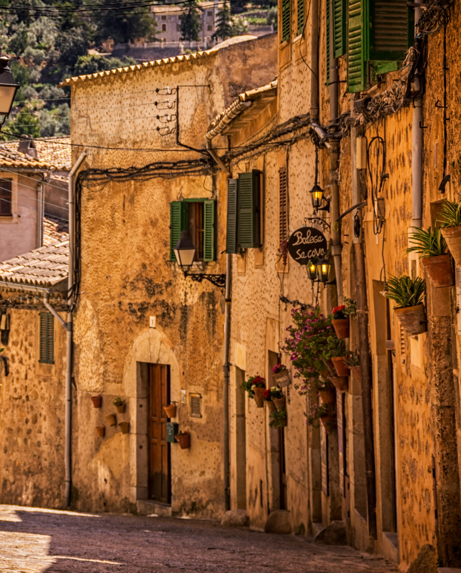 Yellow building lined with green window panels and flower pots representing Spain travel.