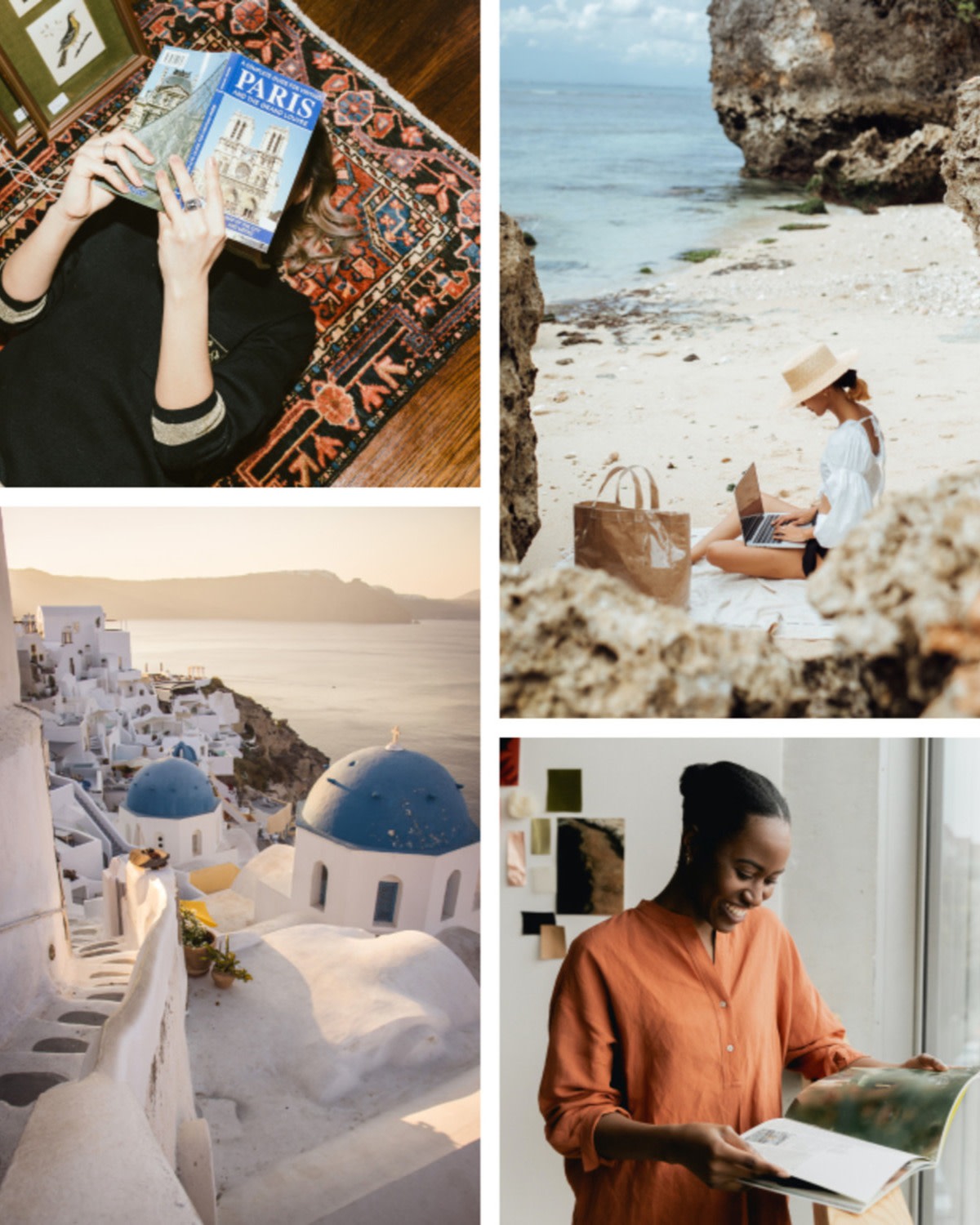 Grid of four images: a person lying on a rug reading a book about Paris, their face hidden behind the cover; a woman with a picnic on a secluded rocky beach, a dense seaside town with whitewashed buildings capped with blue domes, and a woman smiling and flipping through a travel magazine near a bright window.