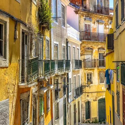 Colorful buildings and street in Lisbon, Portugal. 
