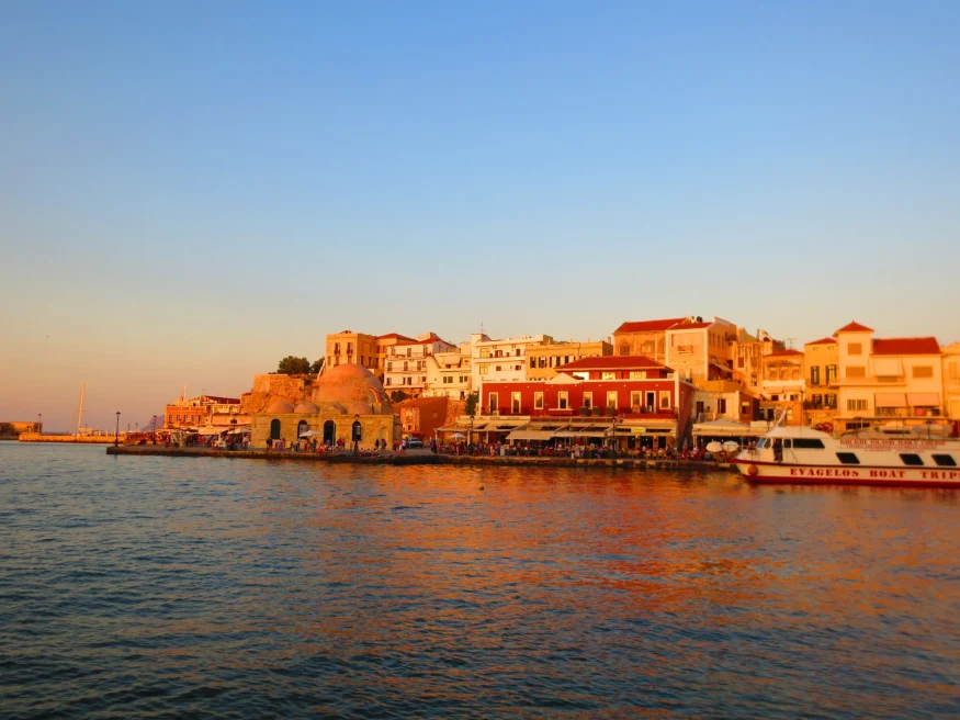 island town with orange sunset light 
