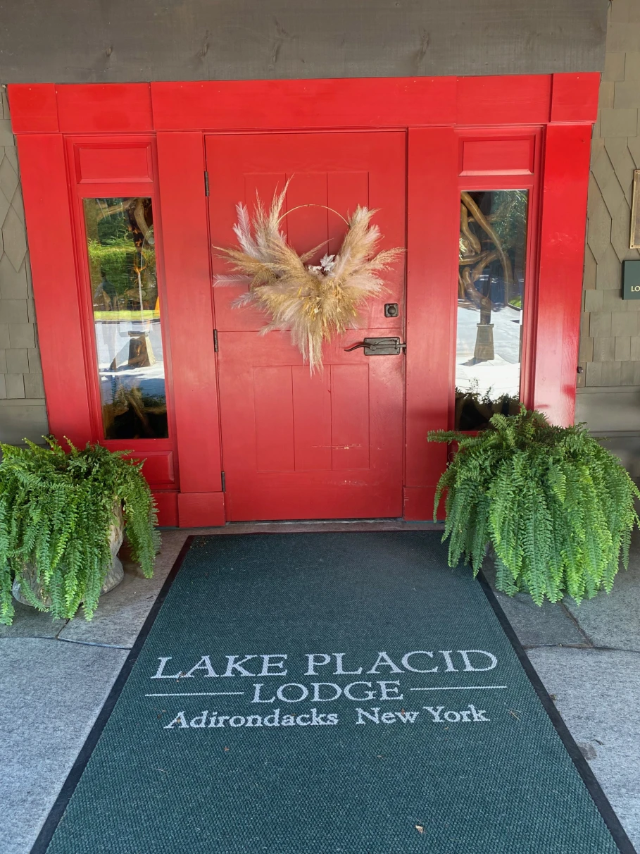 Red door of Lake Placid Lodge. 