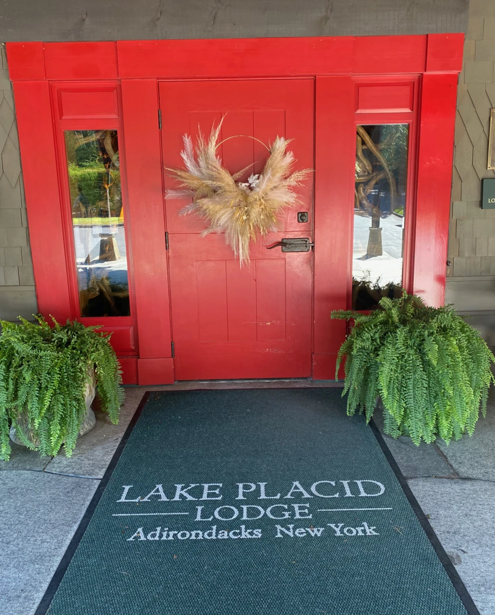 Red door of Lake Placid Lodge. 