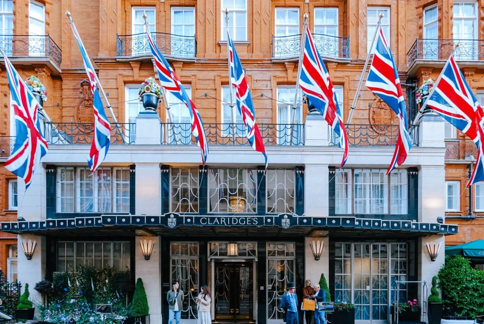Claridge's hotel in London with English flags lining the entrance