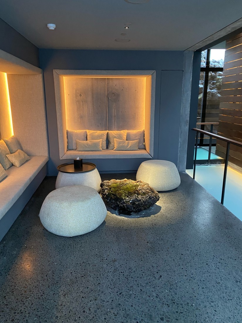 Spa waiting area with plush white cushions
