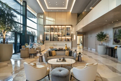 refined hotel lobby with beige furniture