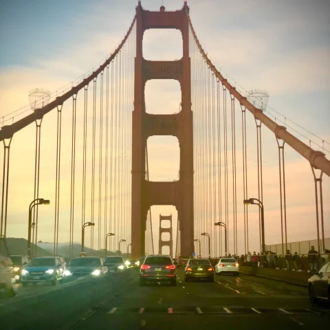 A picture of the Golden Gate Bridge at sunset.