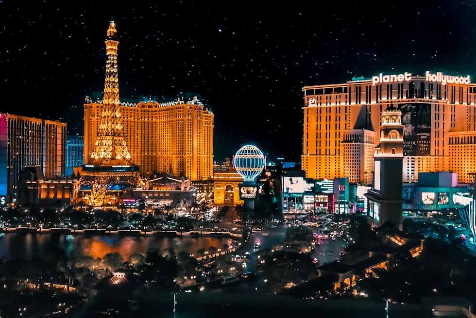 An aerial view of Las Vegas at night