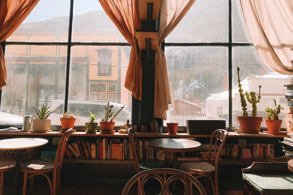 A restaurant with books and big windows overlooking the street outside. 