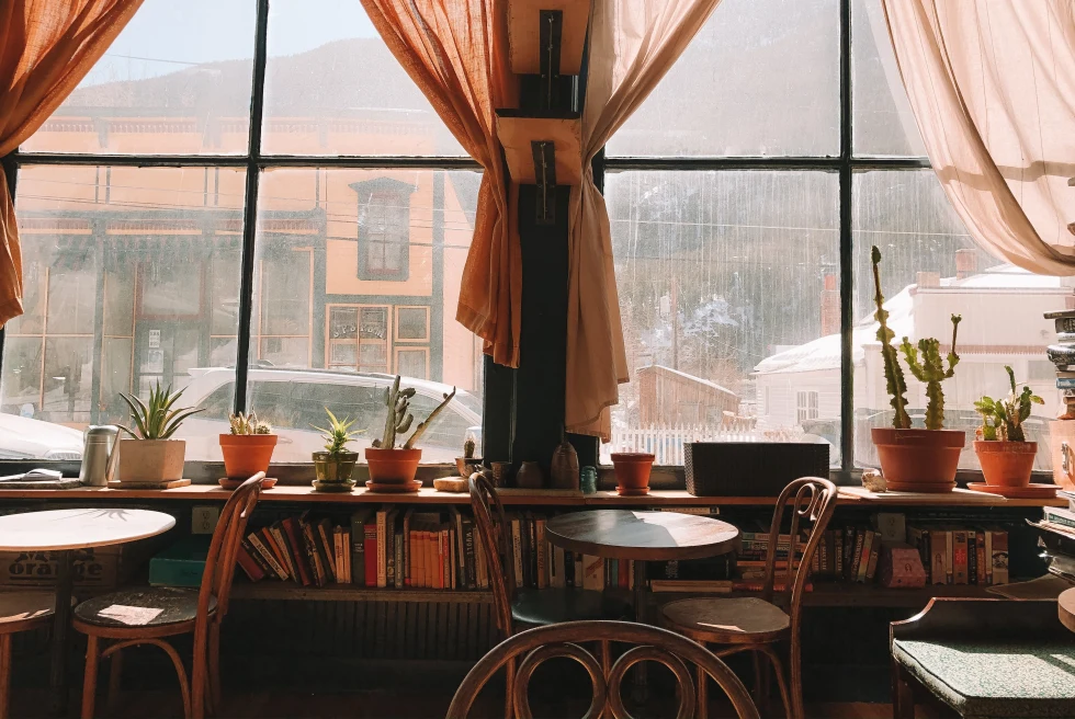A restaurant with books and big windows overlooking the street outside. 