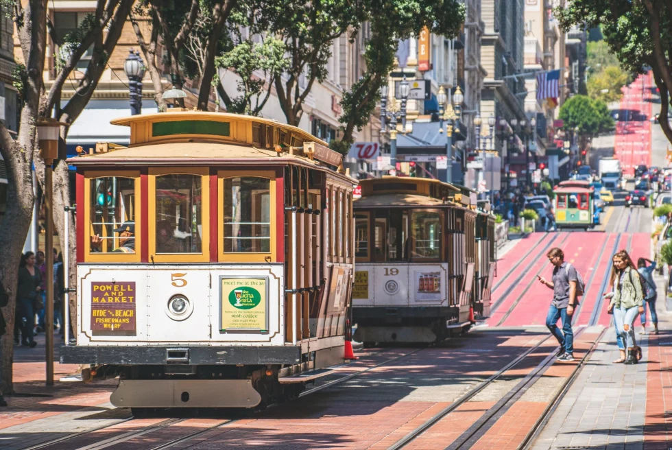 trolley on a city street