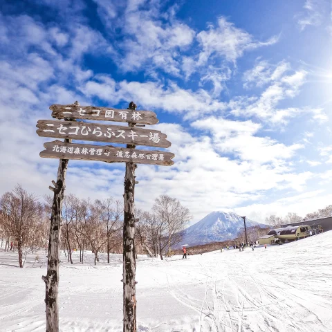 wood sign in the snow with mountain in the background during daytime