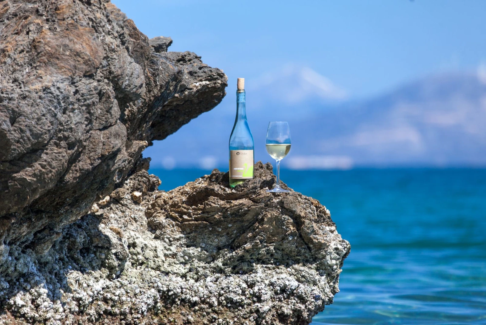 wine bottle and glass on a seaside rock