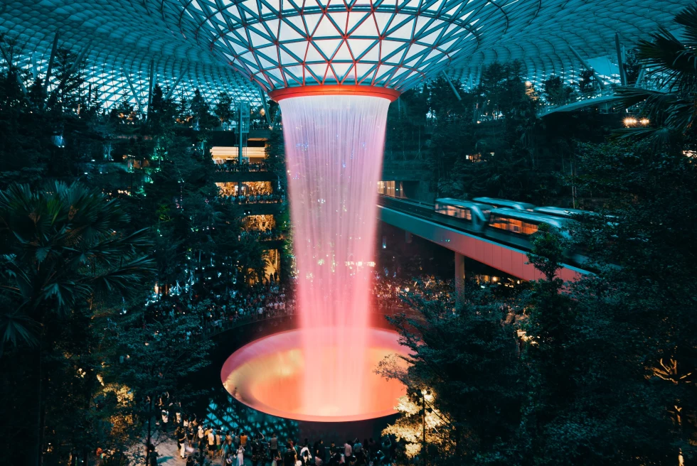 Fountain and garden indoors in Singapore. 