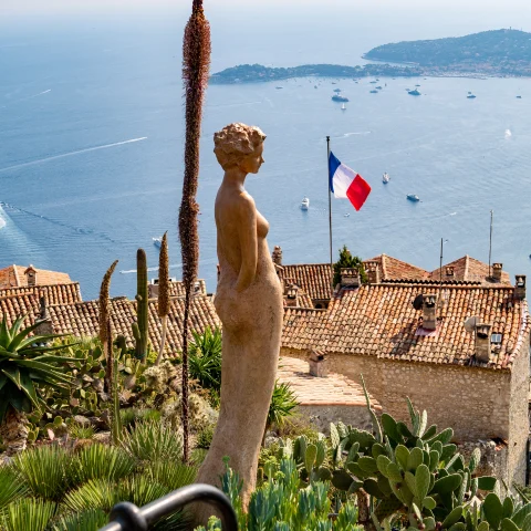 A woman brown statue with France Flag in the background