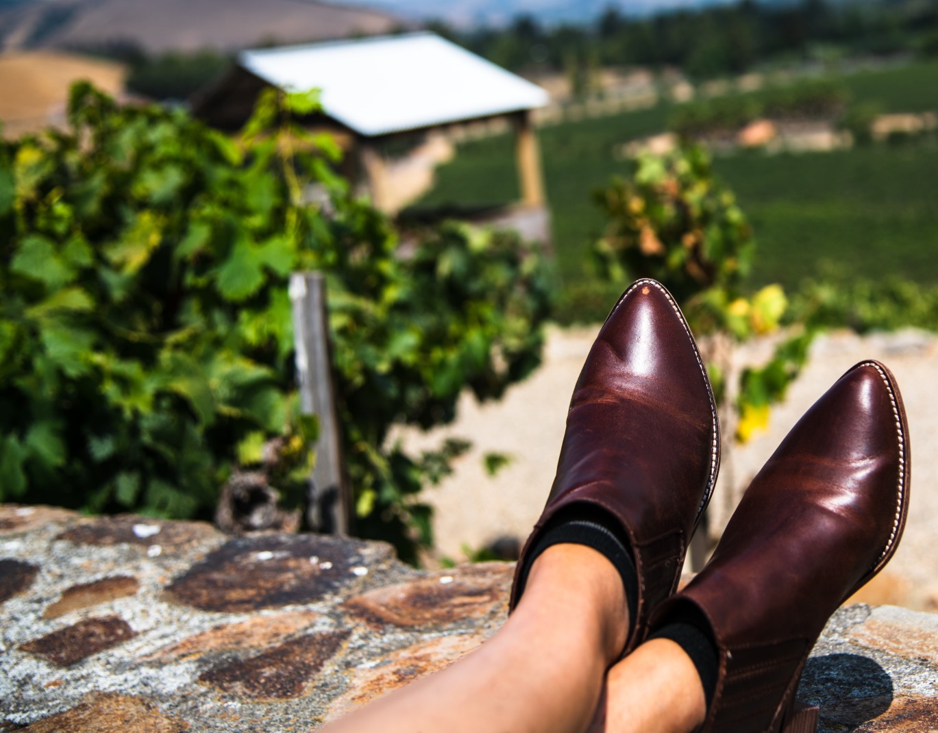 A girl with polished boots sitting at a winery. 