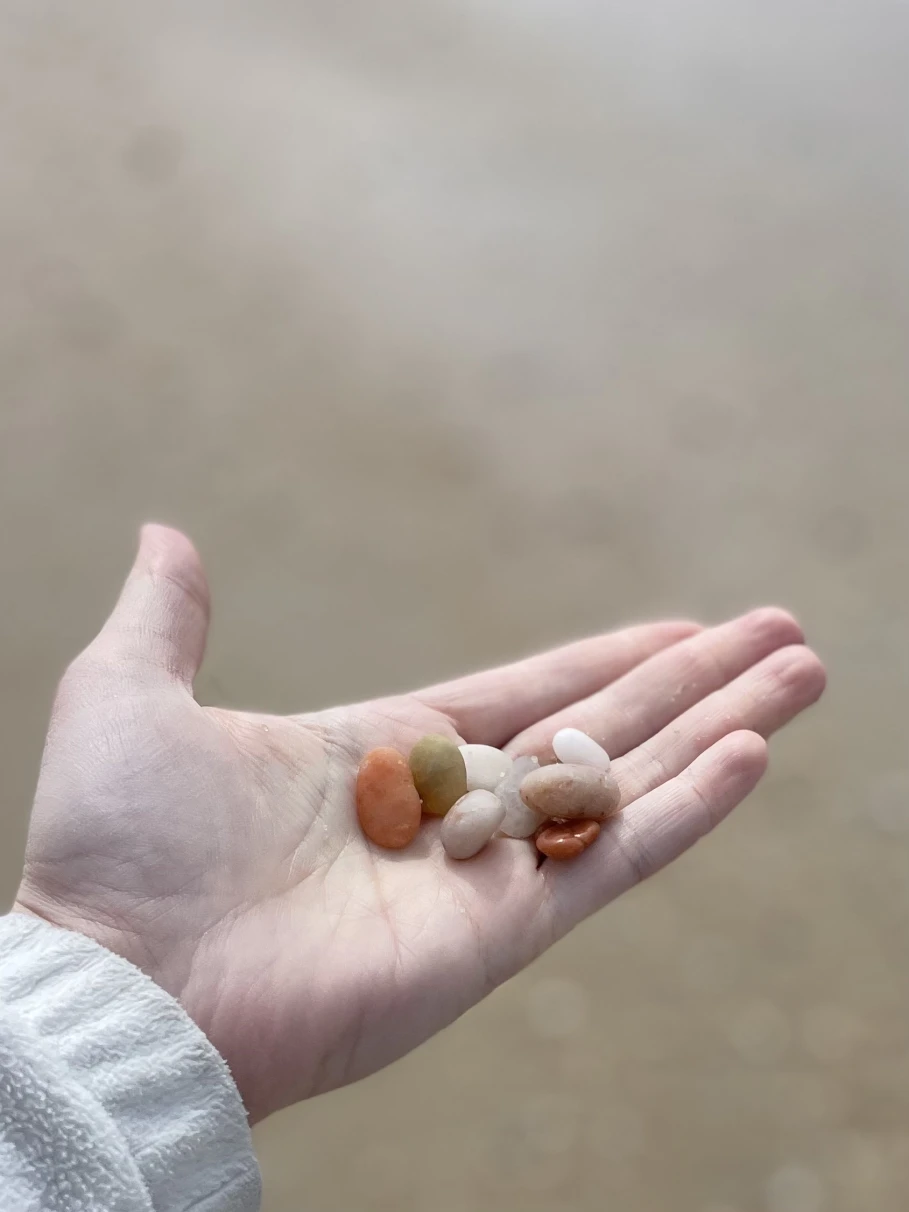Joslyn's palm holding out pebbles on a beach.