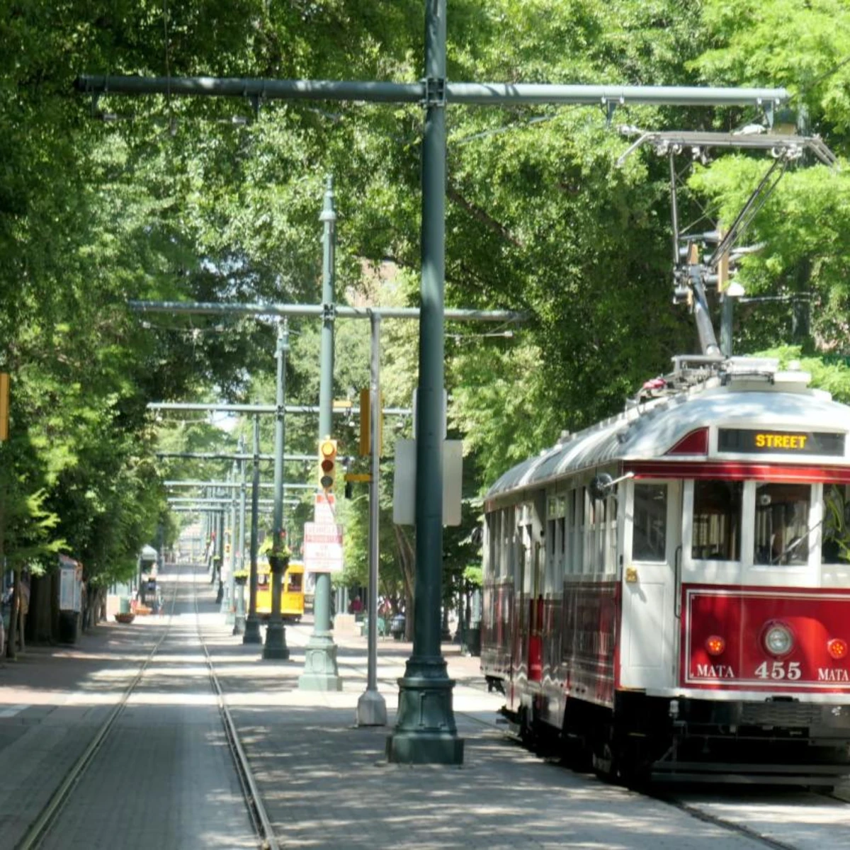 Cable car in Memphis through tree-lined streets.
