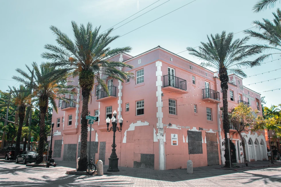 pink building next to palm trees during daytime