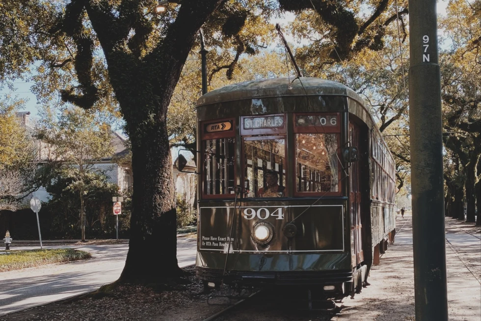 new orleans trolley car beneath trees