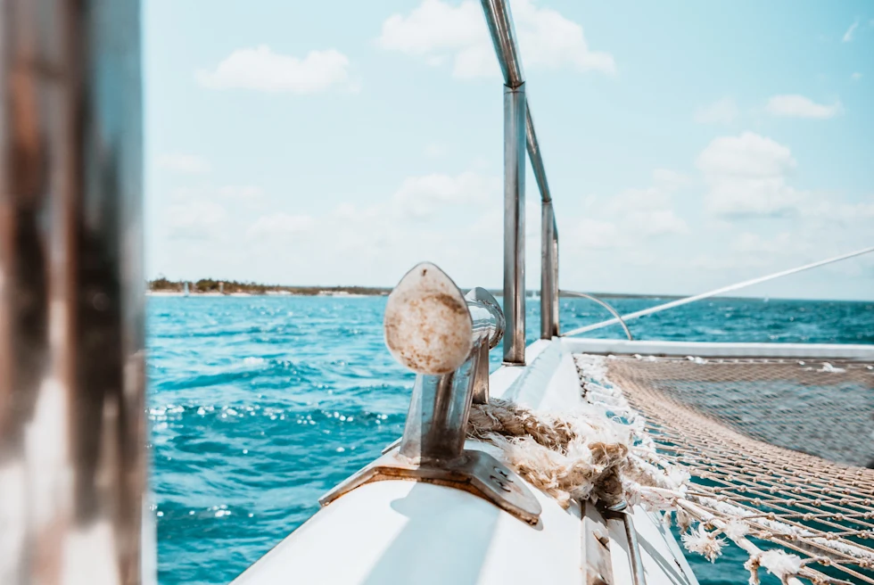 White catamaran boat in Jamaica on blue waters