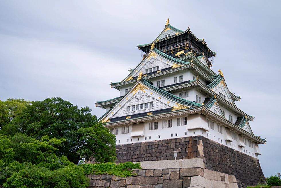 Temple in Japan with green trees