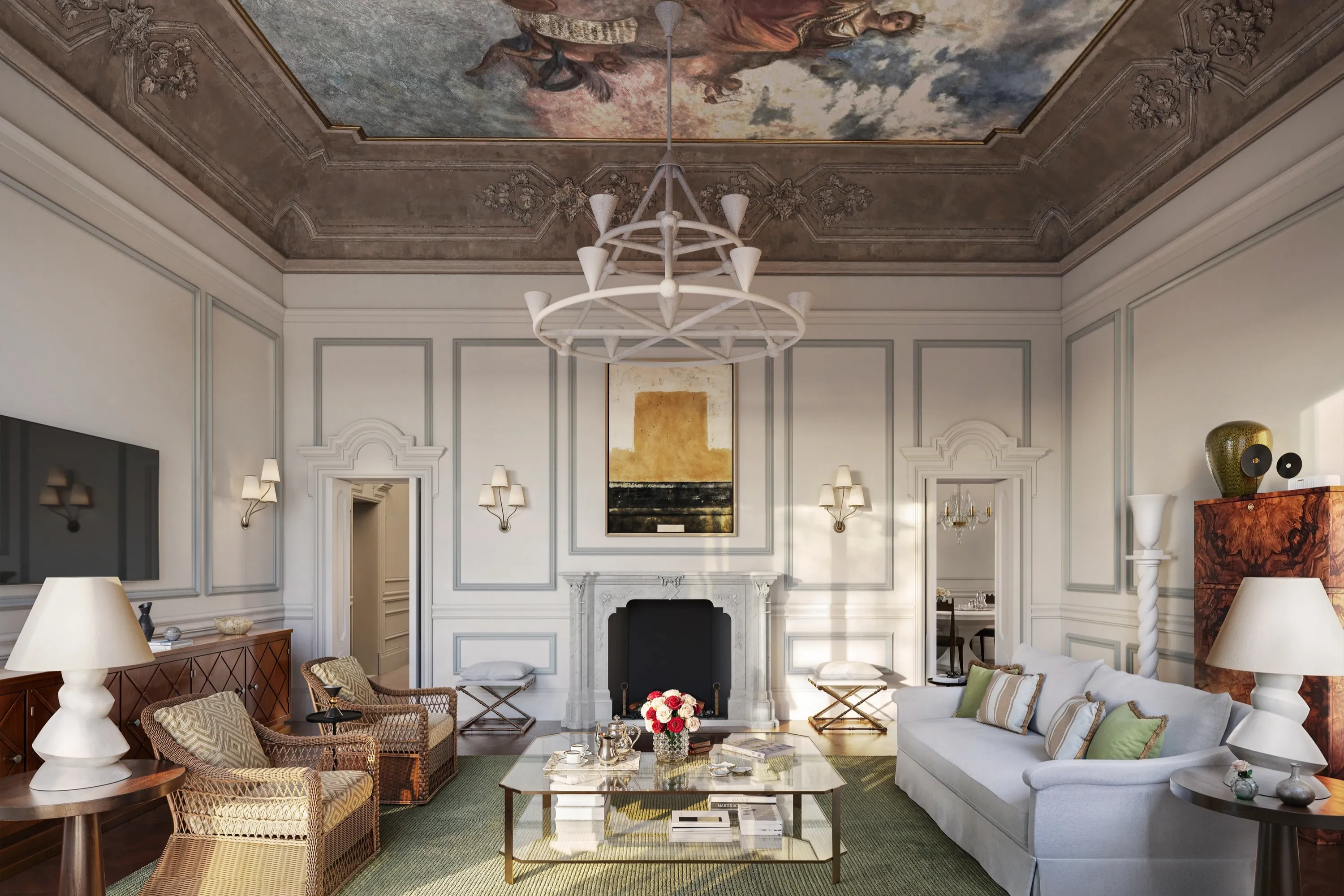an elegant Italian living room with a painted ceiling and paneled walls