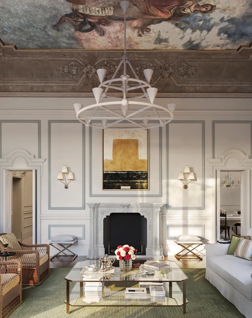 an elegant Italian living room with a painted ceiling and paneled walls