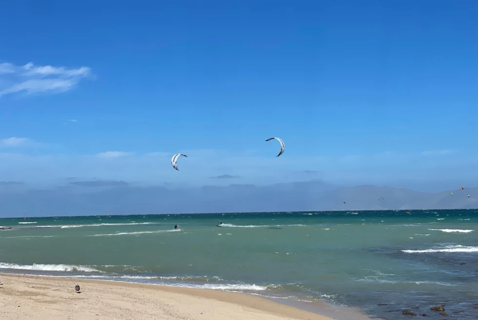 beach next to body of water with two kites in the sky