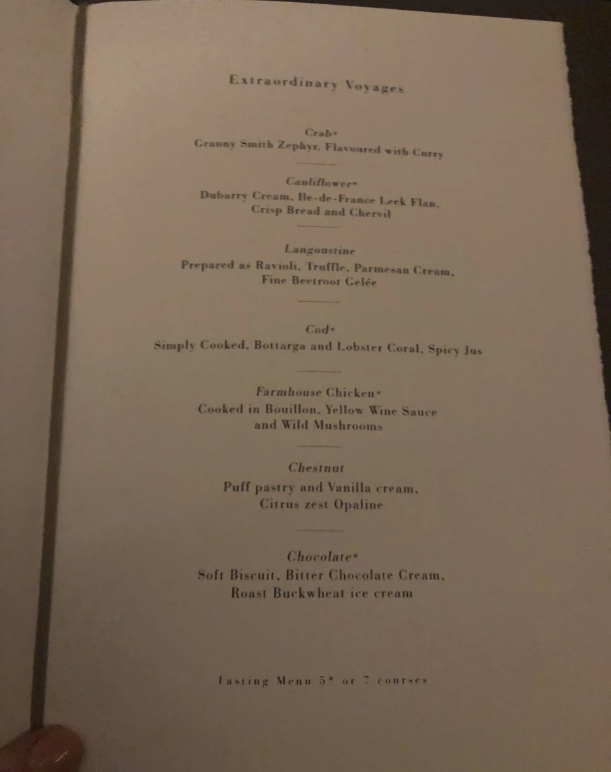The menu at Le Jules Verne