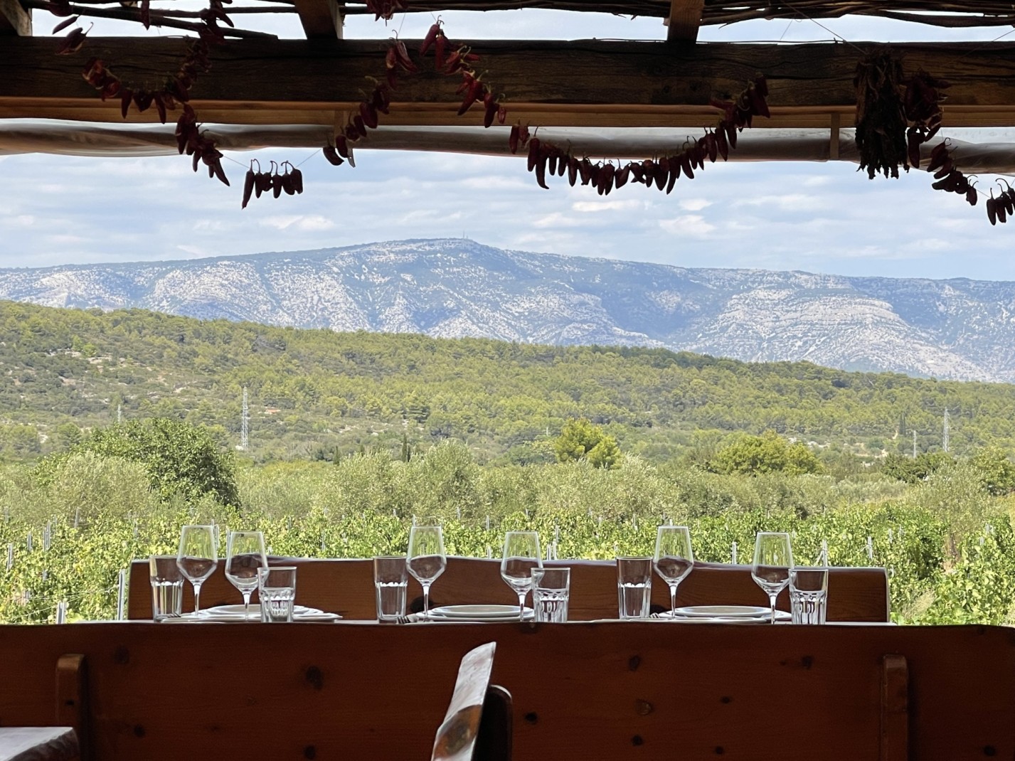 Winery with dining table setup overlooking mountains and valleys outside of Zagreb.