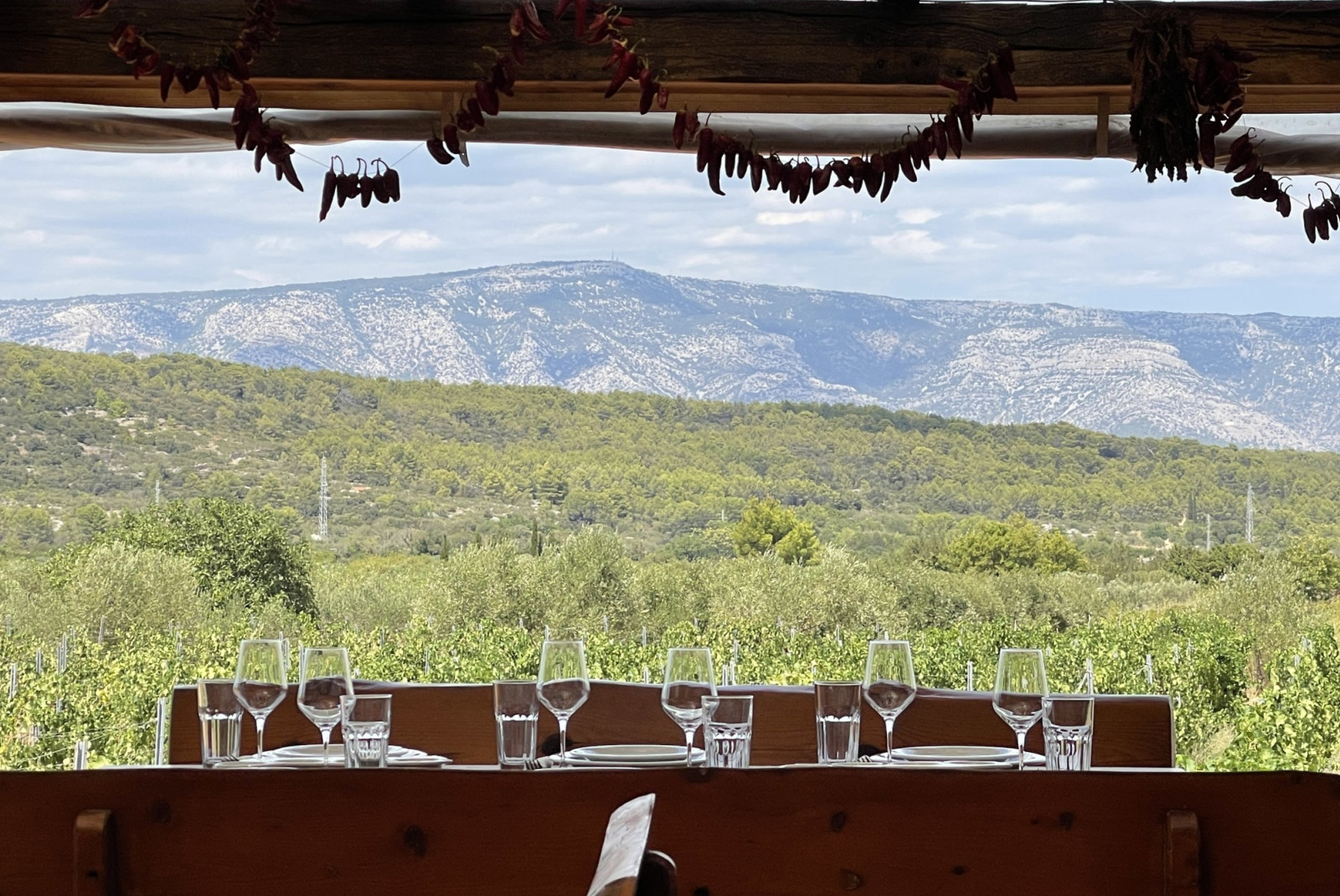 Winery with dining table setup overlooking mountains and valleys outside of Zagreb.