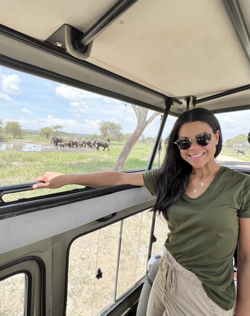 a woman in a green shirt and sunglasses stands in a vehicle while on safari 