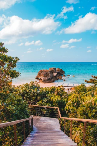 Why travel to Japan? For beaches like this one, with the ocean and a rock formation at the bottom of a flight of stairs surrounded by green trees.