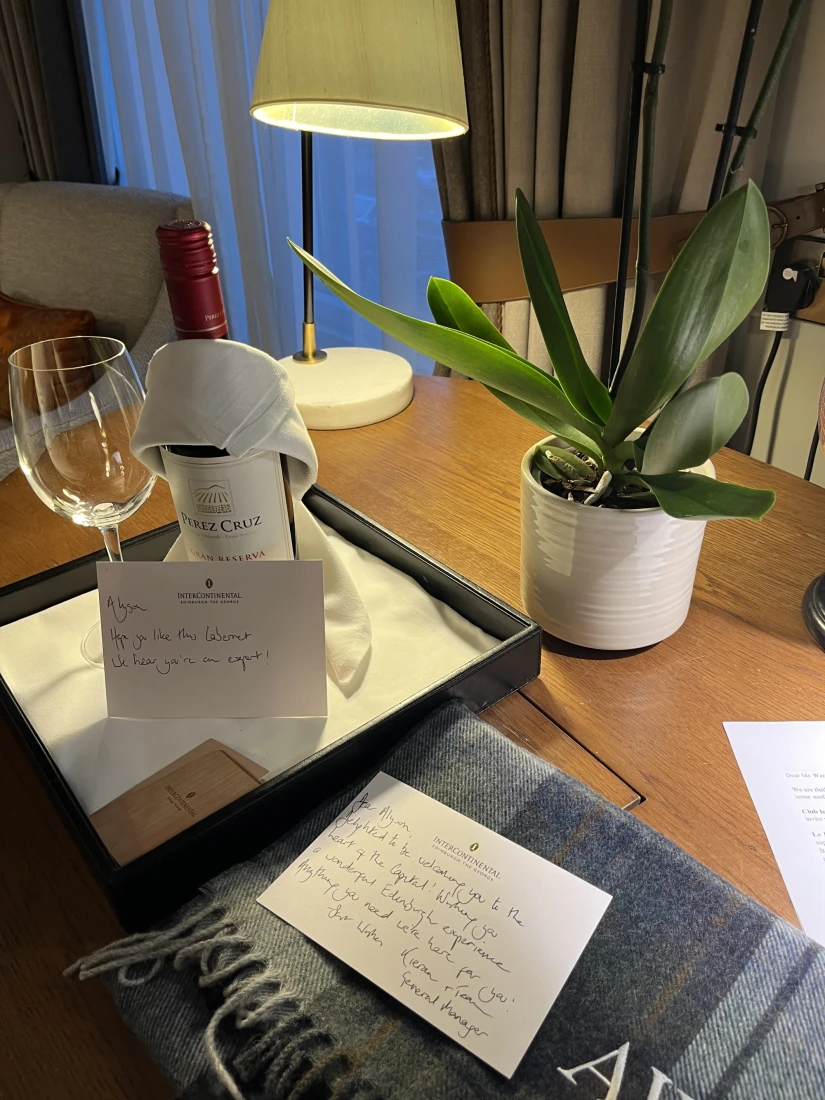A desk in a hotel room with a plant and notes on top