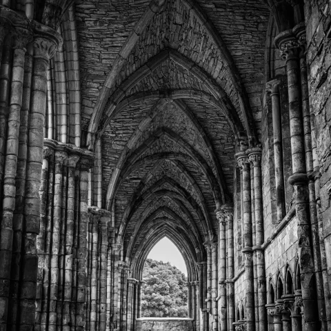 A black and white photo of a corridor in a chapel