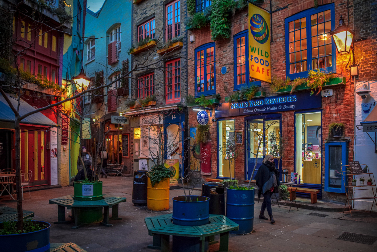 Colorful buildings and seating outside Covent Garden in London