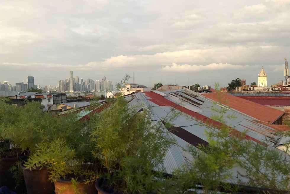 a rooftop view of the city in the distance on a overcast day