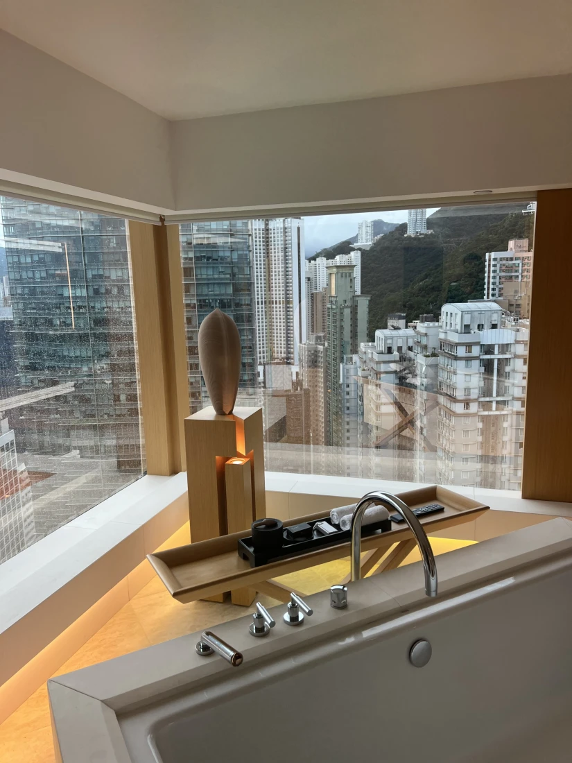 A corner, close-up shot of the bathtub's faucet, with windows and a view in the background.