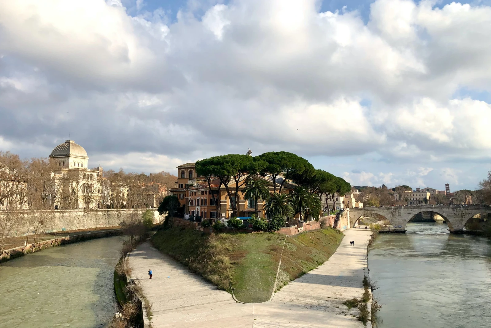 A charming and historic islet in the Tiber River in Rome.