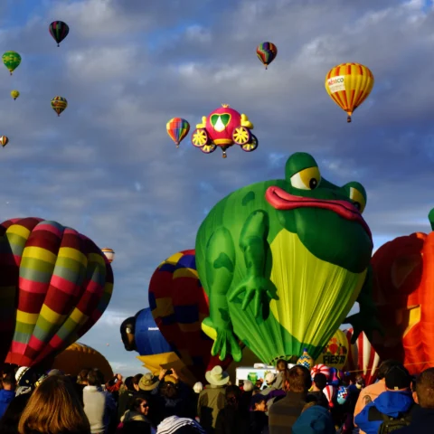 A crowd of people underneath an array of colorful and decorative hot air balloons.