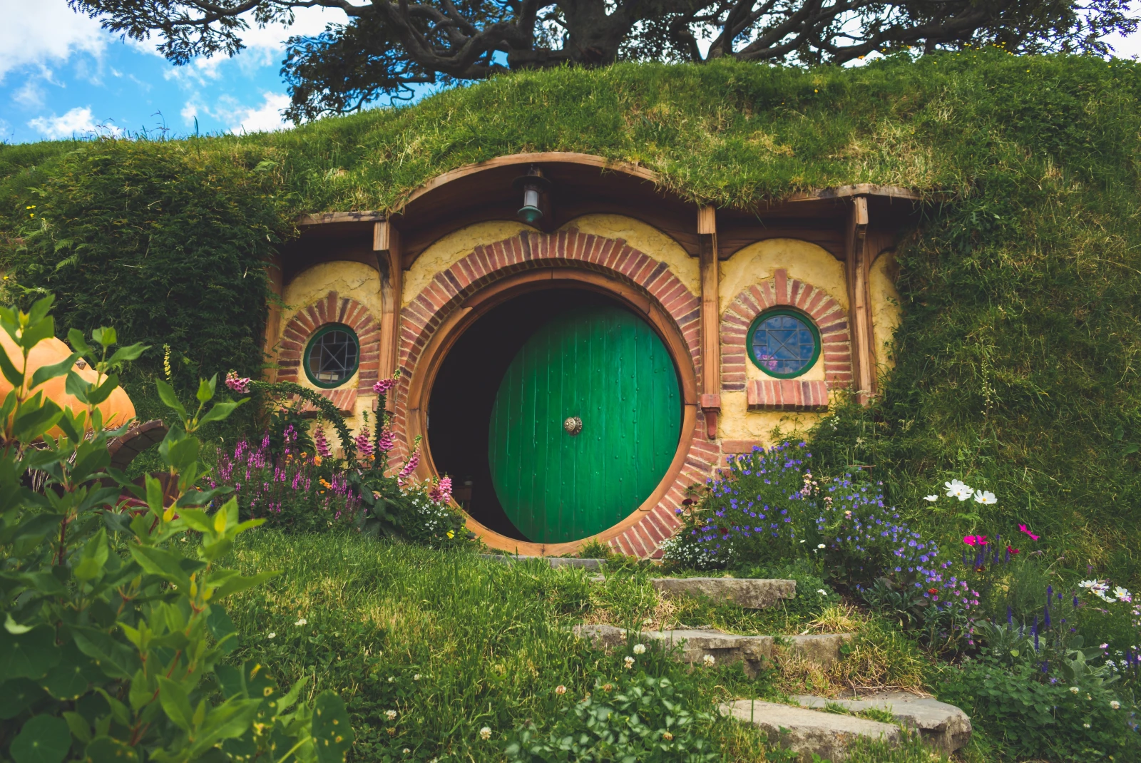 House with green door surrounded by grass and flowers during daytime