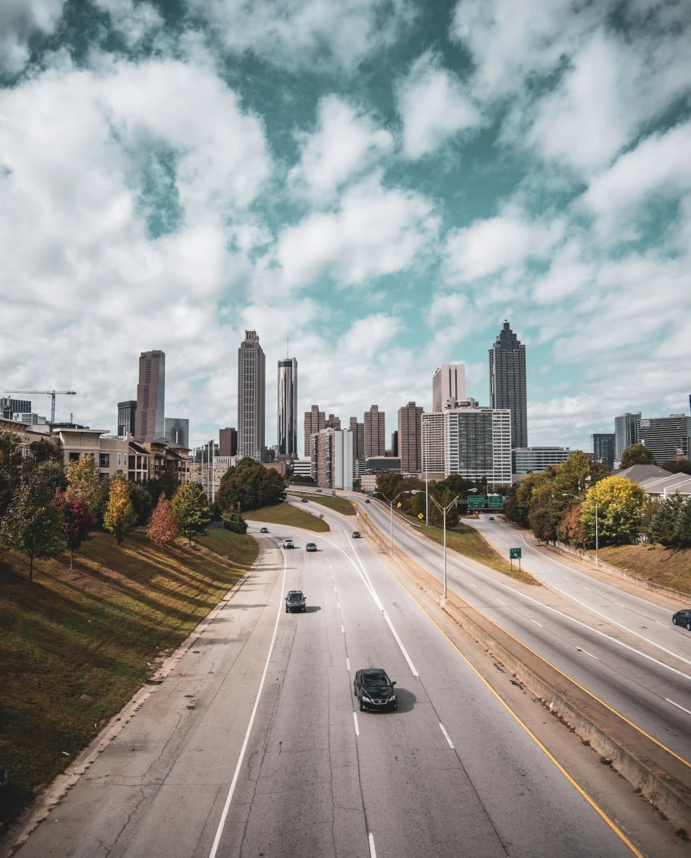The skyline of Atlanta from a highway.