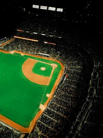 A stadium as seen from above where they play baseball in Japan.