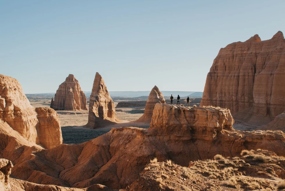 otherworldly desert with massive rock formations 